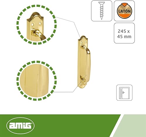 Amig - Maniglione per porte con piastra in ottone Mod.13 | Dimensioni: 245 x 45 mm | Classico e resistente | Include tirafondi | Con finitura dorata lucida - Honorern