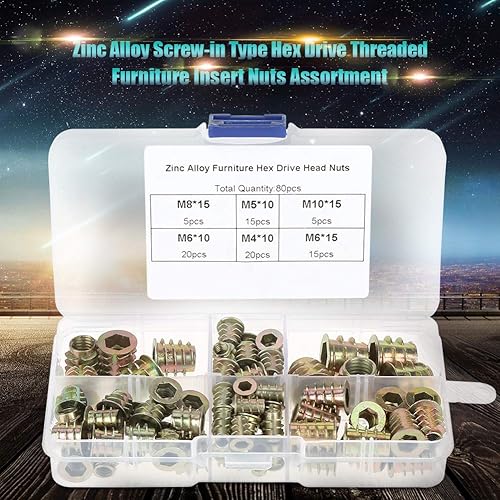 80pcs M4/M5/M6/M8/M10 Inserto dado in lega di zinco Tipo a vite Esagonale filettato Inserto per mobili Dadi Bullone Assortmen Set di strumenti di riparazione - Honorern