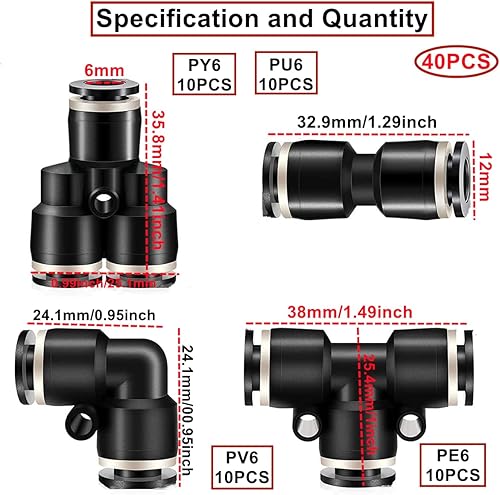 40 pezzi Pneumatic Push to Connect Raccordi pneumatici neri, 10 pezzi spliter + 10 gomiti+10 pezzi di tè + 10 pezzi dritti (OD 6 mm) - Honorern