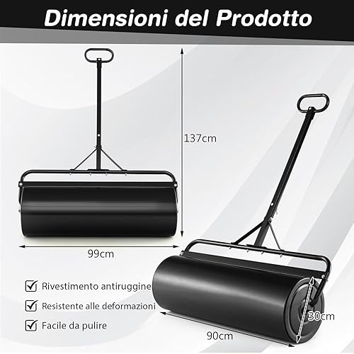 63L Rullo per Prato 90cm, Rullo per Giardino con Manico Regolabile e Protezione dalla Sporcizia, Rullo per Prato Riempibile con Acqua e Sabbia, Rullo per Prato 2 in 1 (Nero) - Honorern