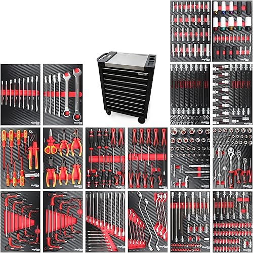 ProLine 'Full Black' Carrello da officina con 9 cassetti di cui 9 con attrezzi come chiavi, cricchetto con scatola di noci, cacciavite, VDE in Soft Inlays effetto carbonio - Honorern