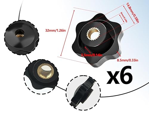 Confezione da 6 dadi con maniglia a stella M6,vite zigrinata con filettatura interna in ottone,dado ad alette tipo avvitamento M6,filettatura zigrinata,vite con maniglia stella diametro 32 mm - Honorern