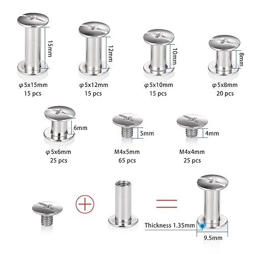 Rilegatura Rivetti, 180 Pezzi Rivetto in Metallo, Vite a Testa Piatta, Viti Chicago Phillips per Rilegatura, Pelle Fai da te, Libro, Album, Cintura - Honorern
