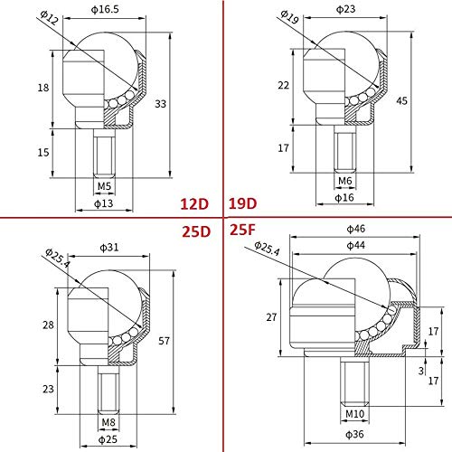 Unità di trasferimento a sfera M6 con filettatura maschio a bullone, colore argento, confezione da 2 (CY-19D, sfera in nylon) - Honorern