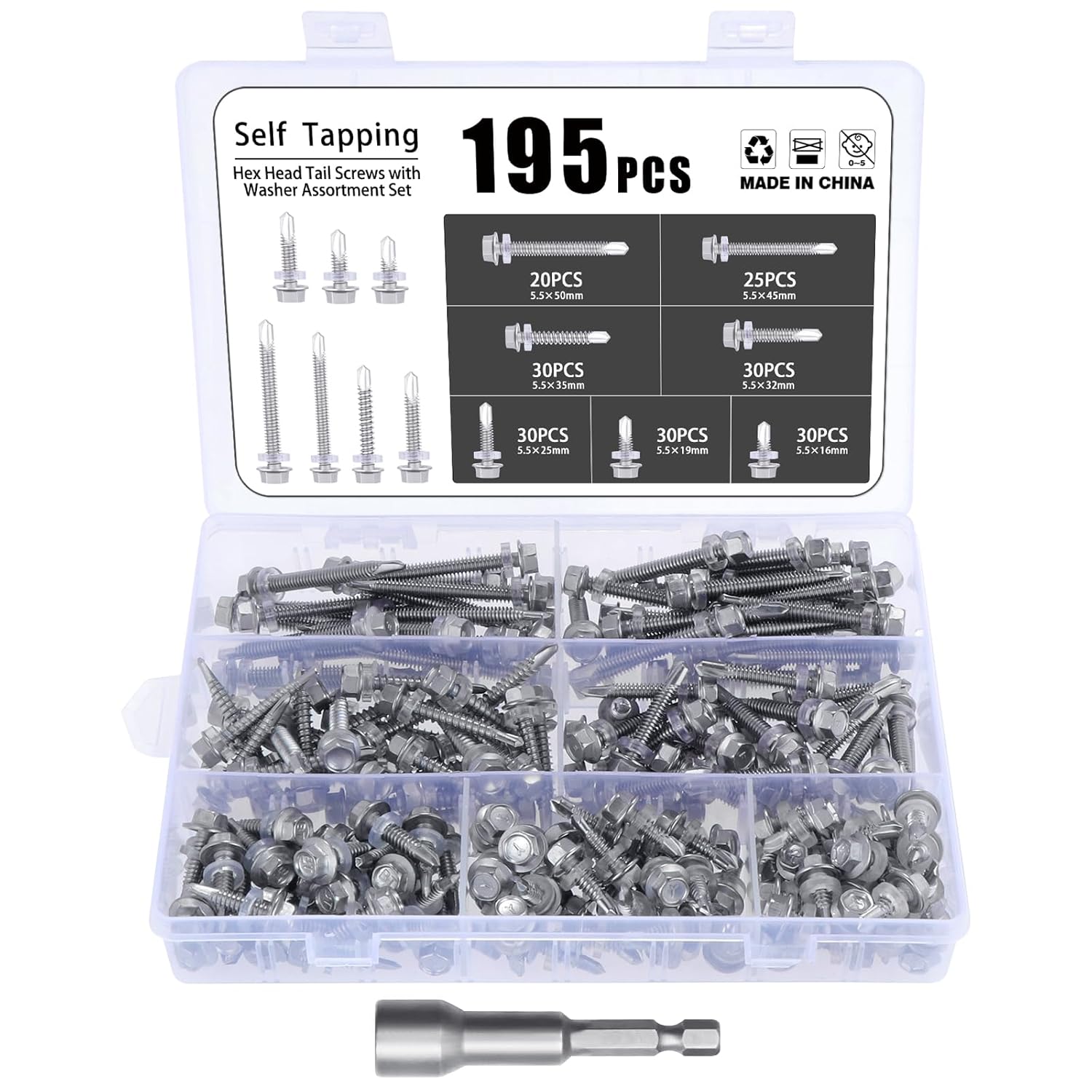 195 Pezzi Viti Autoperforanti a Testa Esagonale, 5,5 x 16-50 mm Viti Autofilettanti Acciaio Inox Viti Autoforanti Testa Esagonale, Viti Autofilettanti Metallo con Bussole per Avvitatore - Honorern