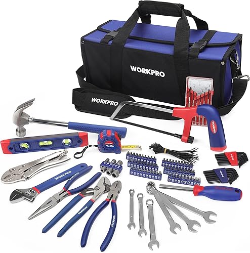 WORKPRO Set Attrezzi da Lavoro, Borsa Porta Utensili 156 Pezzi con Pinza, Chiavi Inglesi, Coltello, Chiavi Esagonali, Cacciaviti, Metro, Seghetto e Martello ecc. - Honorern