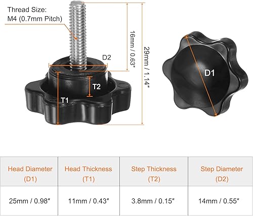 30 Pezzi Pomelli a Stella M4 x 20mm Vite Filettata in Acciaio Inossidabile 304, 25mm Manopola Zigrinata Vite a Testa Zigrinata a 6 Stelle Plastica Impugnatura Manopola, Nero - Honorern