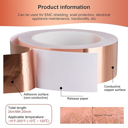 Nastro In Rame Autoadesivo Nastro In Lamina Di rame 50mm x 25m Nastro Lamina Nastro Di Per Lumache Per Schermatura EMI Repellente Artigianato Riparazione Elettronica Saldature (50mm x 25m) - Honorern