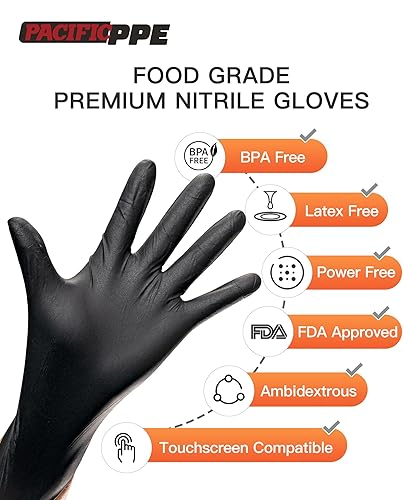 PACIFIC 6 gr. Guanti Monouso In Nitrile Nero, 60% Più Spessi Di 3,5 gr., Per Cucina, Catering, Meccanici, Tatuatori, Estetisti, Senza Lattice, Senza Polvere, EN 374, M/8 - Honorern