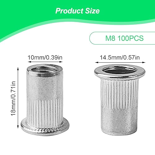 100 Pezzi Rivetti Filettati M8, Acciaio Inossidabile, con Corpo Scanalato Inserti Filettati, 10 mm Inserti Rivetti Ciechi, Adatti per Pannelli in Metallo e Plastica (argento) - Honorern