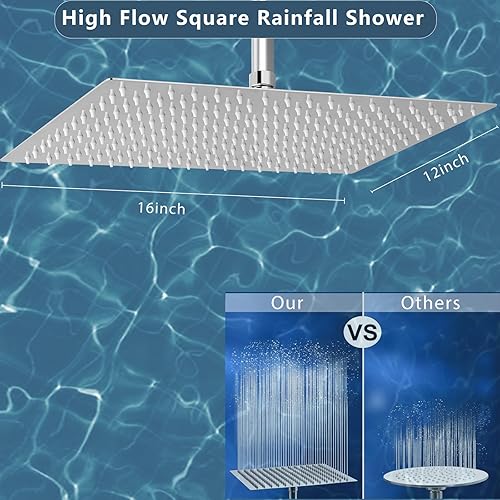 Soffione doccia a pioggia extra large, 40 x 30 cm, rettangolare, in acciaio inox, ad alto flusso, copertura a cascata, finitura di lusso per il bagno (cromato) - Honorern