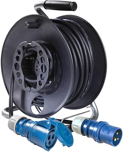 Avvolgicavo da campeggio con cavo in gomma H07RN-F 3G2,5, 3 x 2,5 mm, 25 m, 230 V, 16 A, attacco IP44, per esterni, cavo da campeggio, colore blu - Honorern