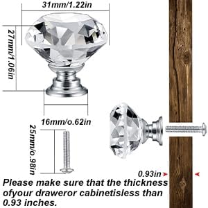 4 Pezzi Pomelli di Cristallo, Pomelli Maniglie Trasparente per Mobili da Cucina, Cristalli Maniglia per Mobile Bagno Cassetti Cassettiera Armadio Ante Cucina Pomelli - 30mm - Honorern