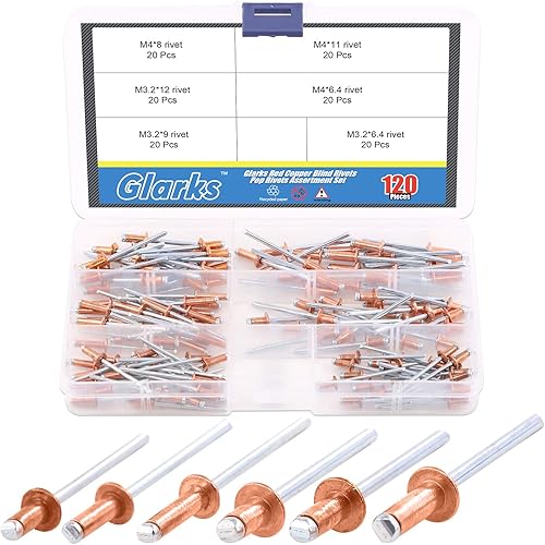 Set di 120 rivetti a scatto in rame rosso, 6 misure, per lamiera, automobili, ferroviari e mobili - Honorern