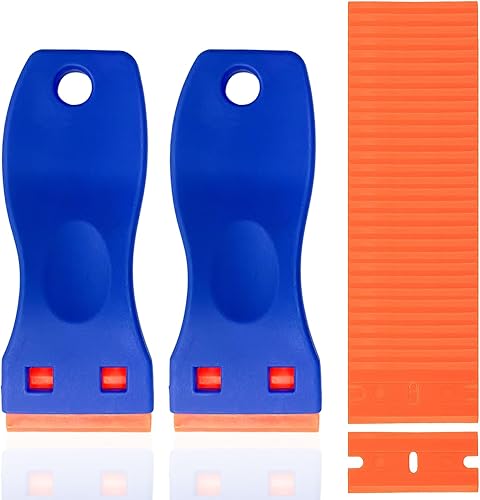 2 Pezzi Raschietti in Plastica con 30 Lame in Raschietto Plastica, Raschietto Vetroceramica Rimozione della Colla in Vinile per Finestre e Raschietti in Vetroceramica Auto (Blu) - Honorern