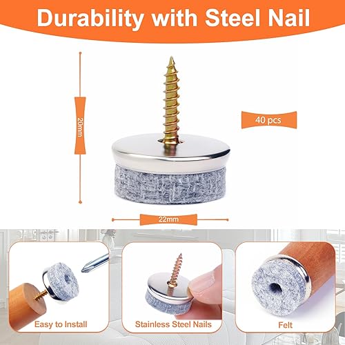 50 feltrini per unghie, 18 mm, in feltro, per mobili, per pavimenti e mobili - Honorern