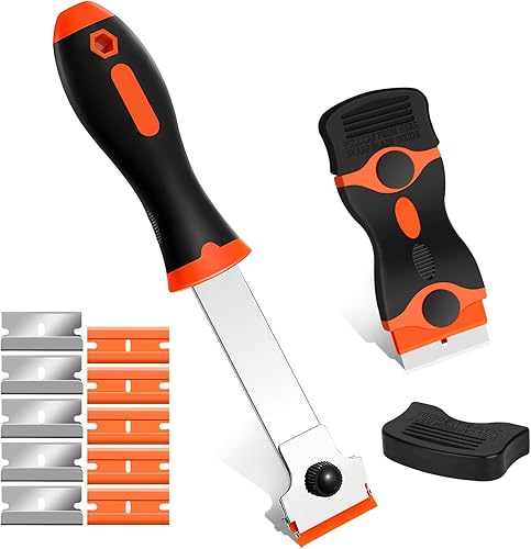 Drado Raschietto, Raschietto per vetro, Raschietto Vetroceramica Vetro, 2 PCS Raschietto + 5 Lame in Acciaio Inox e 5 Lame in plastica con Impugnatura Morbida(Arancia) - Honorern