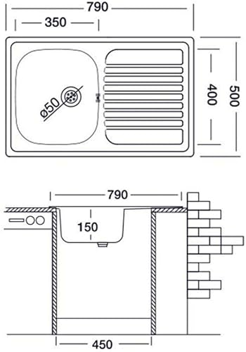 Lavello incasso in acciaio inox satinato gocciolatoio sinistro 79x50 cm - Samet Classic 273 - Honorern