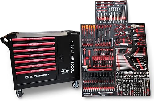 DeTec. Carrello portautensili XXL riempito con attrezzi, 7 cassetti riempiti | carrello da officina auto effetto carbonio | cassetta degli attrezzi per auto Red Black Edition - Honorern