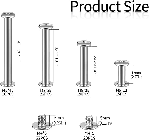 82 Pz Vite di Rilegatura Rivetti, M5 Viti Chicago, Vite Rivetti di Rilegatura, Viti per Rilegatura a Testa Piatta Croce, Vite a Tonda per Libri Artigianali in Pelle Cintura, 12/25/35/45 mm - Honorern