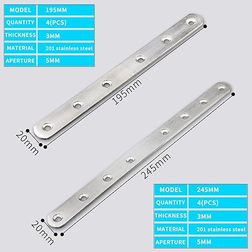 XSHAO 8 Pezzi Piastre Staffa Piatta Forata, Finitura Spazzolata Piastre Giunzione Piatta con 60 Viti per Rinforzo Riparazione Fissaggio di Mobili - Argento (2 Dimensioni) - Honorern