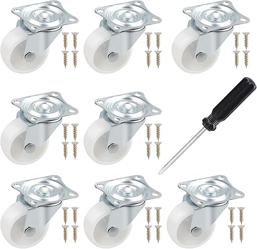 Set di 8 ruote girevoli per mobili, senza freni, girevoli a 360°, bianche, con 1 cacciavite e 32 viti, altezza 50 mm, capacità di carico totale 160 kg - Honorern