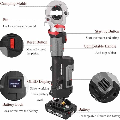 Pinza crimpatrice idraulica ricaricabile, 10-300 m², strumento elettrico idraulico con 12 paia di matrici, crimpatrice per cavi alimentata a batteria, per terminali in rame e alluminio, verde - Honorern