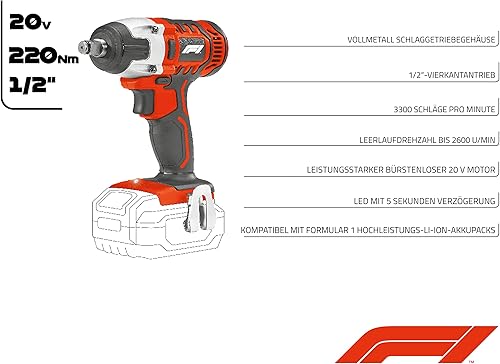 Formula 1 Avvitatore a percussione a batteria, 20 V, con coppia di 220 Nm, 12,7 mm (1/2'), chiave quadrata 2600 giri/min, in valigetta - Honorern