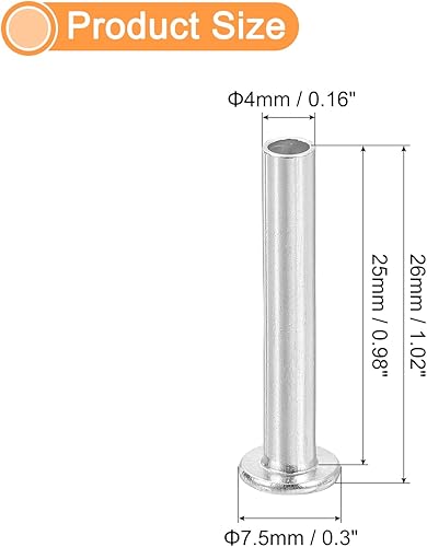 50pz Rivetti Semitubolari, 4mm x 25mm Rivetti Semi-Tubolari Testa Piatta Tonda Alluminio Rivetti con Perno Metallo per Riparazioni Domestiche Industriali, Argento - Honorern