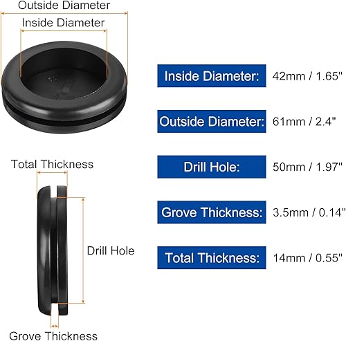 6pz Passacavi Gomma 2' (50mm) Foro Perforazione, 1-3/4' (42mm) ID Tappi Foro a Doppia Faccia Anello Tenuta per Protezione Cavi Firewall, Nero - Honorern