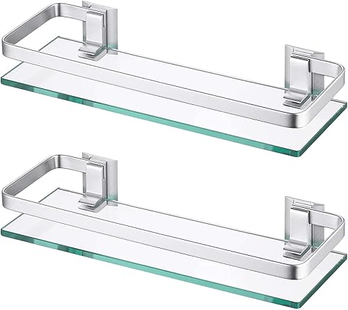 Mensola Bagno Mensole da Muro Vetro Mensola Doccia Vetro Temperato Rettangolare Alluminio Argento 2 Pacchi S500430 - Honorern
