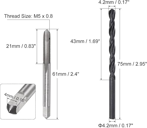 Set di Maschio Filettatura Metrica Punte Trapano, Maschio per Filettatura M5 x 0.8 e Punte da Trapano Acciaio Carbonio da 4.2mm, Kit Attrezzi Riparazione Filettature - Honorern