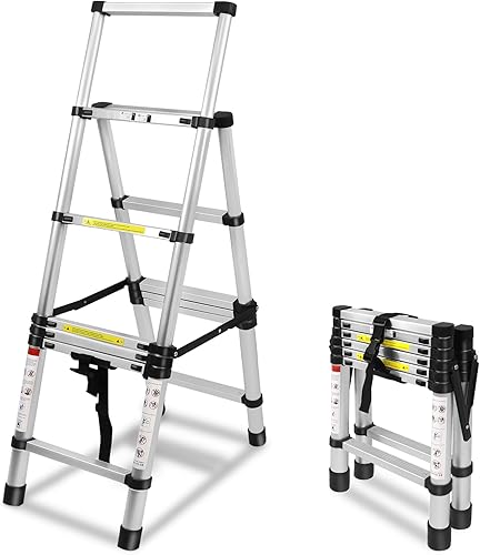 Scala telescopica 1,7 m + 2 m, telaio ad A, 6 + 7 gradini, in alluminio, antiscivolo, scala a pioli, design telescopico, portata massima 150 kg - Honorern