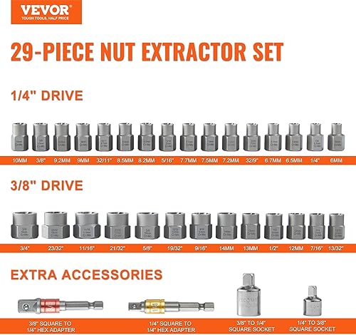VEVOR Set di Estrattore per Viti Dadi 29 Pezzi 6mm/10mm/10,5mm/19mm, Strumenti per la Rimozione di Viti Danneggiate in Acciaio CR-MO con Valigetta per la Rimozione di Bulloni Danneggiati da Officina - Honorern