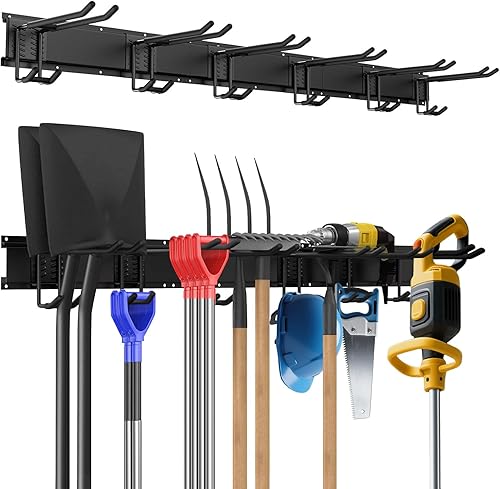 Porta Attrezzi da Giardino, Porta Sci da Parete con 6 Ganci e 3 Binari per Sci, Attrezzi, Scopa, Giardino, 120cm, Nero - Honorern