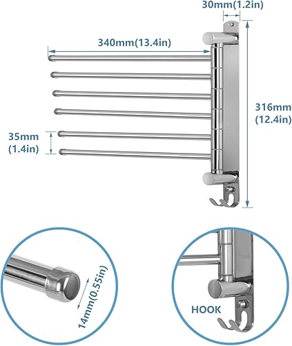 Portasciugamani in acciaio inox con 6 braccia, Porta Asciugamani con a Gancio Portasciugamani da parete - Honorern