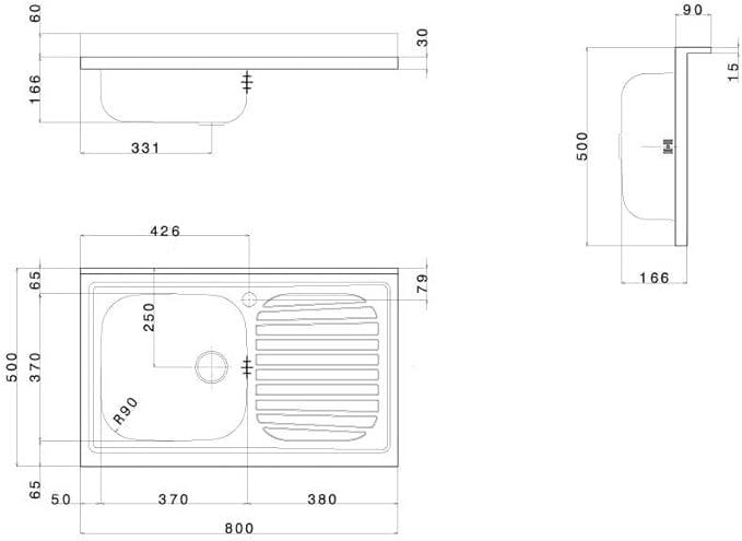 Lavello cucina appoggio Apell mod. Pisa in acciaio Inox, misura cm.80x50, con vasca singola a sinistra e gocciolatoio a destra, completo di scarico - Honorern