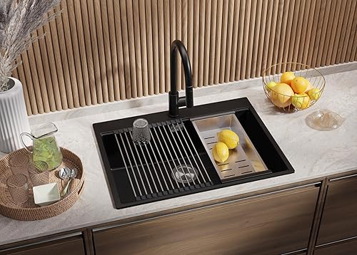 PRIMAGRAN Lavandino da Cucina Tutto Nero 68x50cm, Lavello da Cucina a 1 vasca + Sifone Classico + Rubinetto 40x22cm + Accessorio, Lavabo da Cucina Incasso al mobile 70cm - Oslo - Honorern