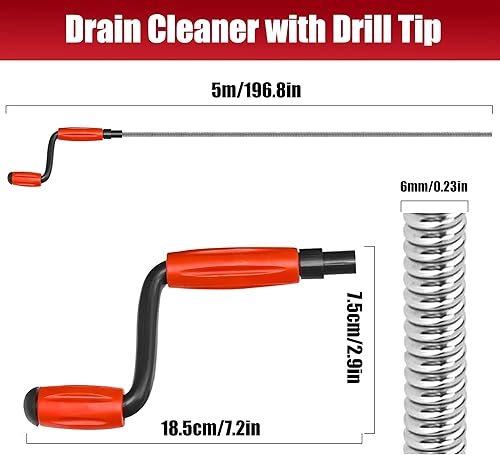 Stura Lavandini e Scarichi,Sonda Sturatubi Professionale（5 m x 6 mm）Stura Tubi di Scarico, Stura wc Stura Lavandini Per La Pulizia Delle Tubature di Cucina e Toilette Furetto - Honorern