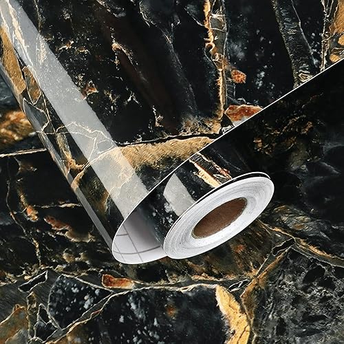 Pellicola Adesiva per Mobili Cucina Nera Carta Da Parati Adesiva in Marmo Oro Nero Rivestimento Top Cucina Bagno Decorazione Parete Marmo Carta Adesiva Per Mobili Armadio 60cm x 300cm - Honorern