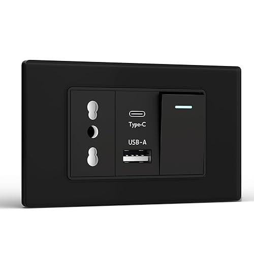 Presa, Prese Elettriche da Muro con Interruttore 1 Gang 2 Vie e Presa USB A e USB C, Spina 118m per Ufficio Casa, Nero - Honorern