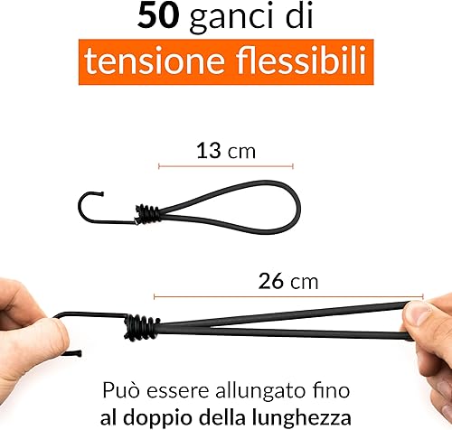 50 Corde Elastiche con Gancio per Tende, Telone, Striscione, Rete, Rimorchio, ecc. | Cavi elastici con ganci occhielli | Corda elastica universale Nero | Tenditore elastico in Gomma - Honorern