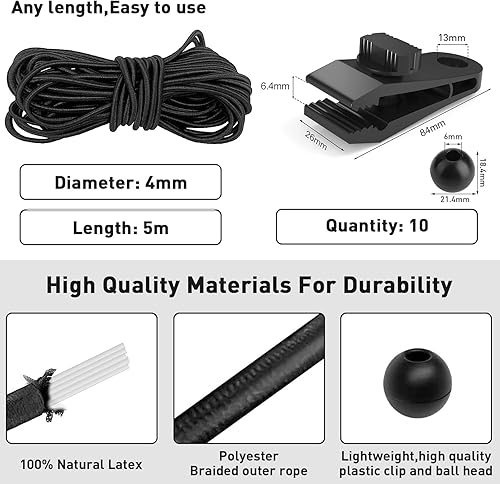 Set di 20 Clip per Telone, 10 Tenditori, Fissaggio per Carichi Pesanti, Linoleum, Tenda in Plastica, 5 m, Elastici Con Sfera (10 Pezzi) - Honorern