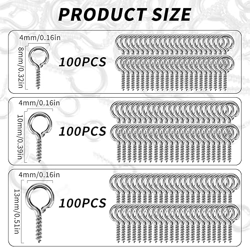 300 aghi per occhielli a vite, 3 misure, colore argento, piccoli aghi per occhielli in metallo, per picchetti, mini viti autofilettanti, ganci (argento) - Honorern