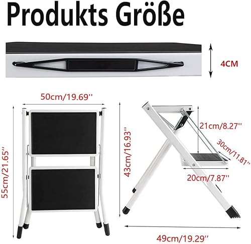 Scala pieghevole a 2 gradini, con tappetino in gomma antiscivolo, in acciaio leggero, antiscivolo, 2 gradini, pieghevole, portata fino a 150 kg - Honorern