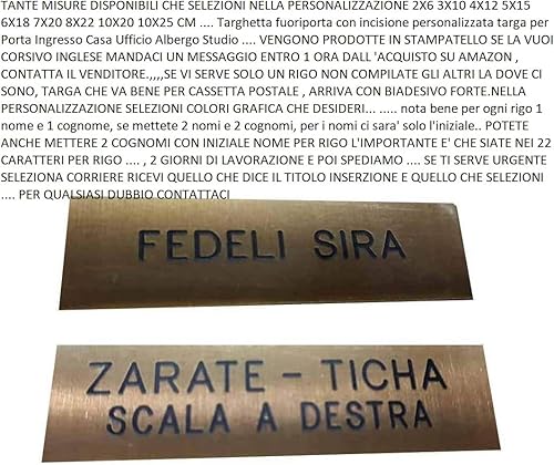 TARGA PORTA OTTONE o alluminio VARIE MISURE, 2 RIGHI CON BIADESIVO,Targhetta fuoriporta incisione personalizzata Porta Ingresso Casa Ufficio - Honorern