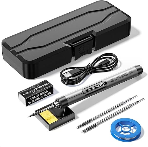 Kit Saldatore Senza Filo, Ricaricabile USB, Temperatura 260-450°C Regolabile, 5 Impostazioni, Display LCD, 3 Punte, Batteria 1000mAh, 30 Minuti di Utilizzo, con Filo e Pasta, Supporto e Custodia. - Honorern