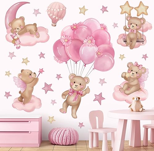 wondever Adesivi Murali Bambini Orso Mongolfiera Rosa Sticker da Muro Palloncini Fiori Orso Nuvole Adesivi da Parete per Camere Ragazze Asilo Nido Camerette Bambini - Honorern