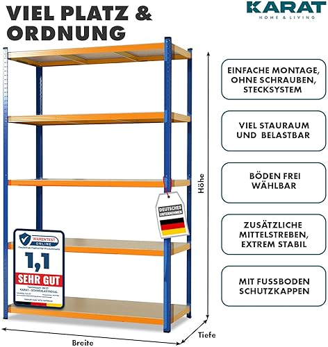 Scaffale per carichi pesanti, 180 x 90 x 60 cm, in metallo, 5 ripiani regolabili (blu arancione) - Honorern