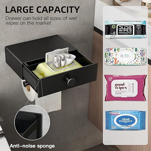 VOLDRA Porta Carta Igienica Senza Foratura Con Scatola per Salviette Umidificate, Rotolo Con Cassetto, Supporto per WC e Bagno (Nero Opaco) - Honorern